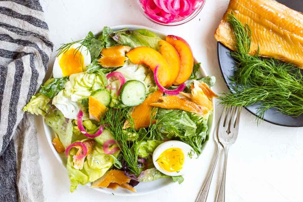 smoked trout salad on white plate
