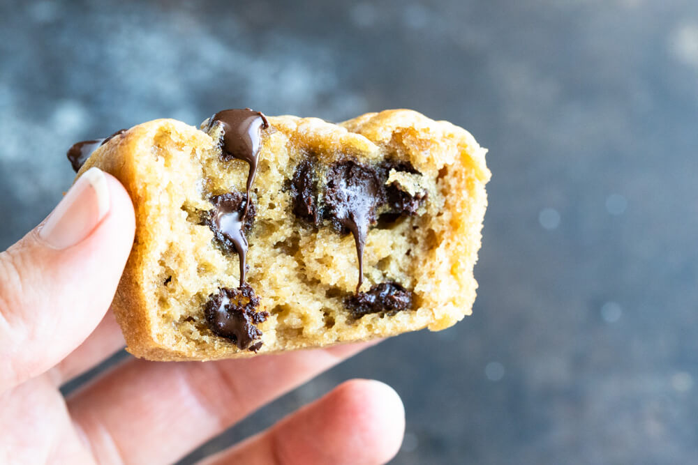 the gooey inside of a peanut butter chocolate chip muffin