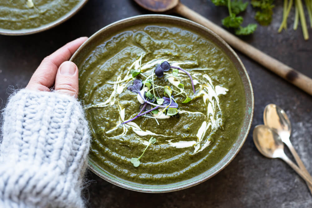 green soup in a green bowl
