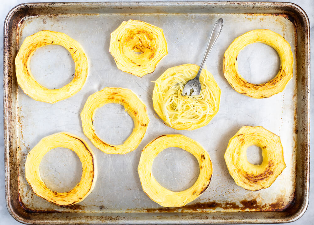baking pan with rings of spaghetti squash