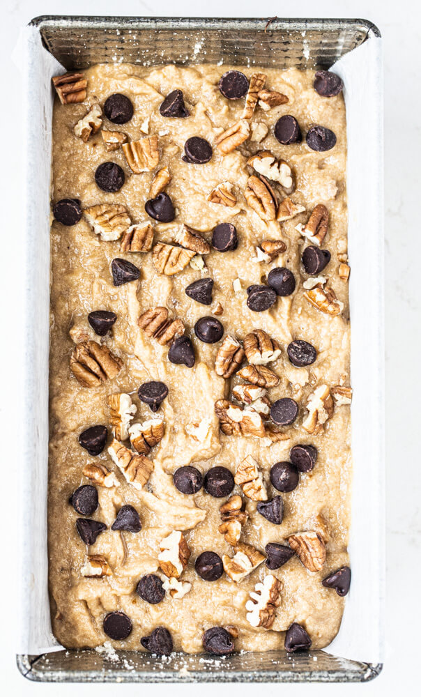 banana bread mixture in loaf pan