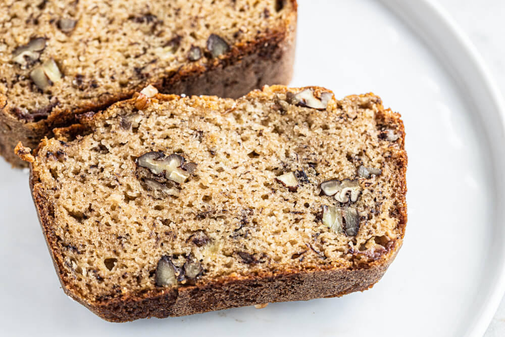 close up of a slice of banana bread