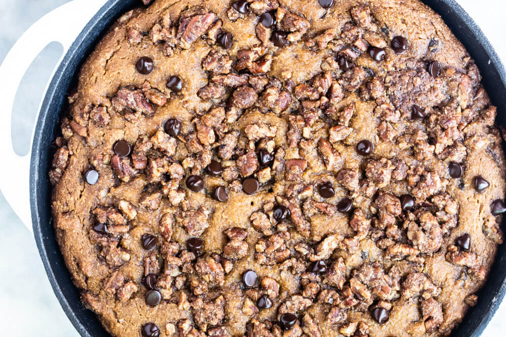 top view of pumpkin cake in skillet