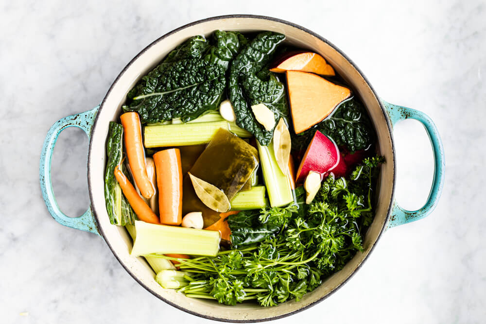 blue pot with vegetables