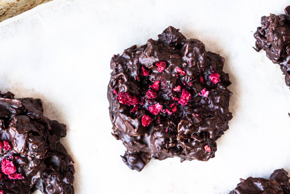 close up of a chocolate coconut cluster