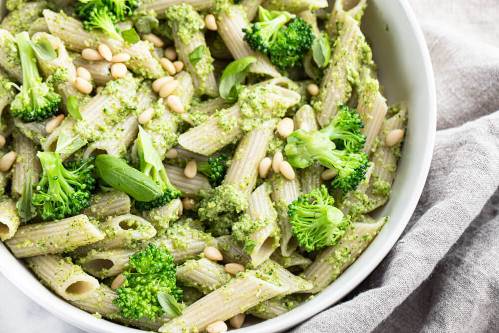 close up of pasta dish in white bowl