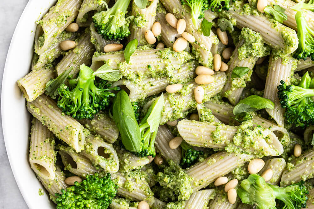 close up of pasta dish in white bowl