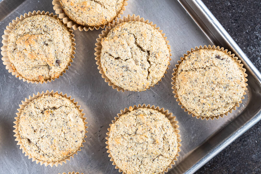 six muffins on metal tray