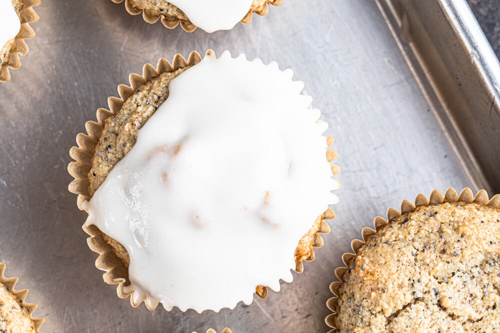 top view of a muffin with white glaze