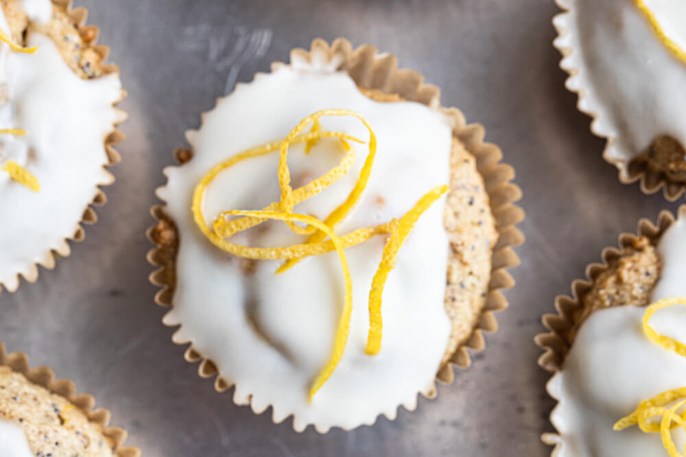 close up of lemon poppy seed muffin