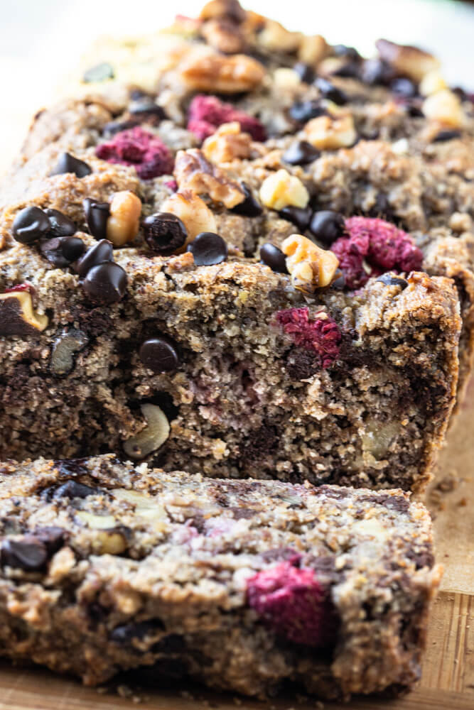 view of inside of raspberry chocolate chip banana bread