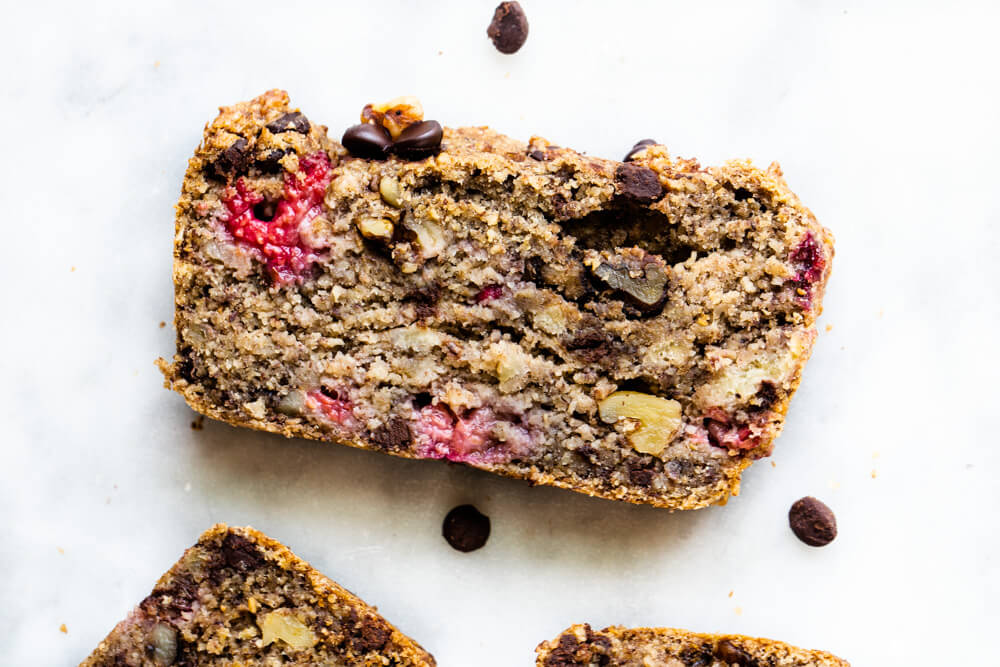 close up of a slice of banana bread
