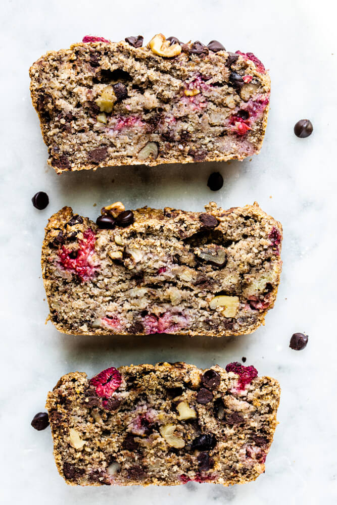 three slices of raspberry chocolate chip banana bread