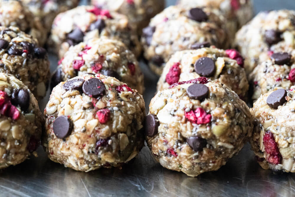 close up of chocolate chip cookie ball