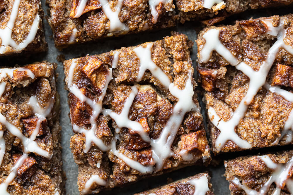 close up of an apple bar with white drizzle