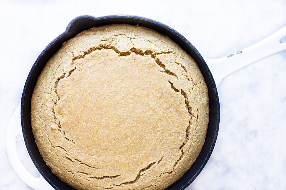 cornbread in a white skillet