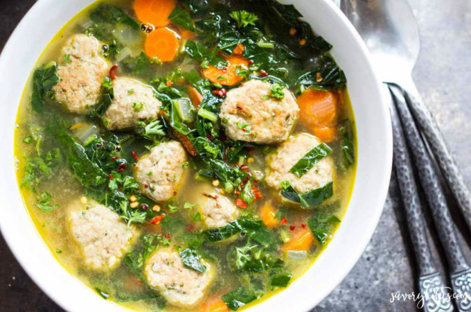 30 Minute Turkey Meatball and Kale Soup | (gluten free, dairy free) | www.savorylotus.com