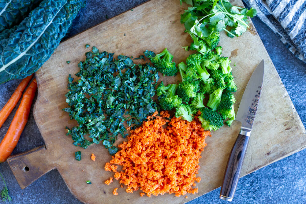 Loaded Veggie Turkey Meatballs ingredients on cutting board