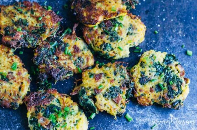 Bacon and Kale Spaghetti Squash Fritters (gluten free) | www.savorylotus.com