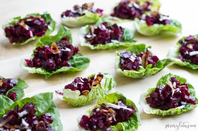Beet Tartare Lettuce Cups (with crispy shallots) | www.savorylotus.com