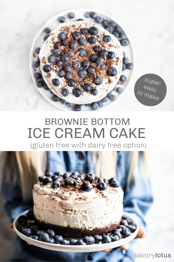 white plate with ice cream cake and blueberries
