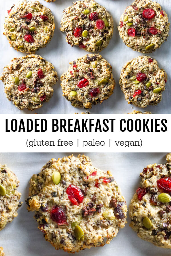 breakfast cookies with nuts and cranberries on a baking sheet
