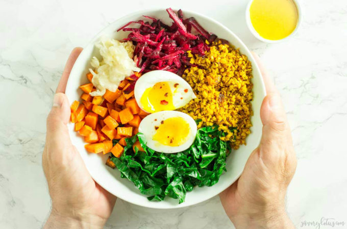 Comfort Bowl with Spicy Turmeric Cauliflower Rice, Sweet Potatoes, and Greens | www.savorylotus.com