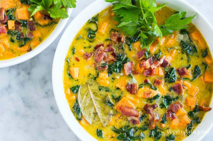 Creamy Sweet Potato Bacon Chowder (dairy free) | www.savorylotus.com