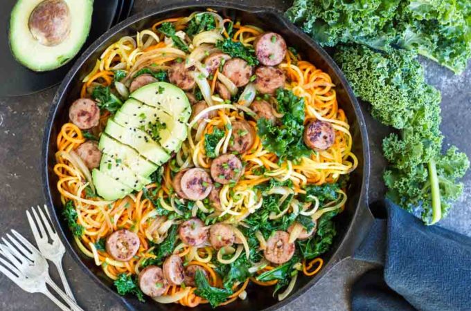 One Skillet Sweet Potatoes with Sausage and Kale (gluten free, paleo, and whole30) | www.savorylotus.com