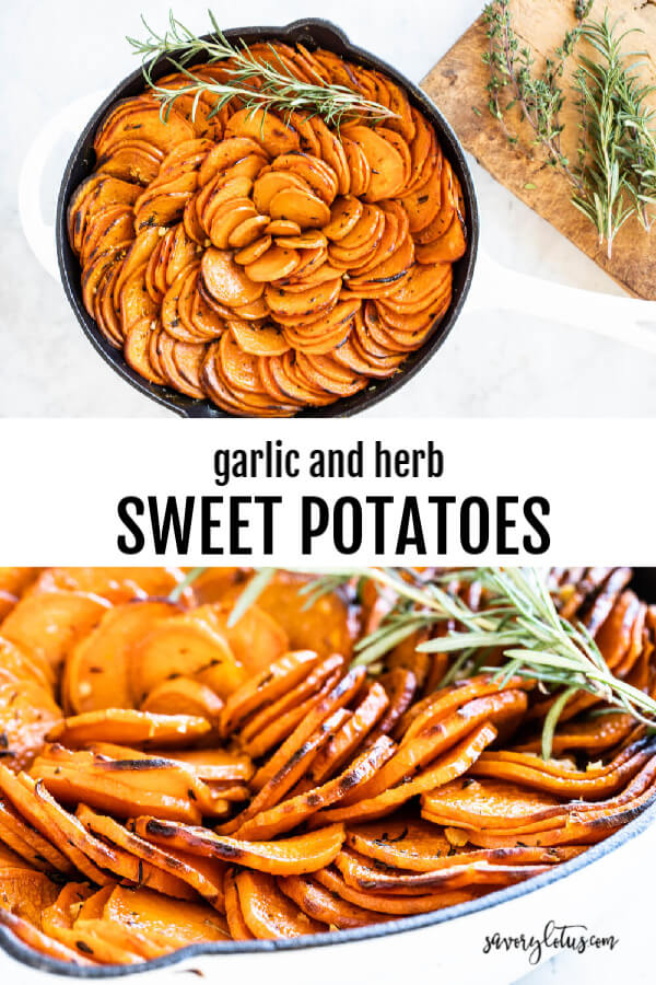 white skillet with sweet potato slices