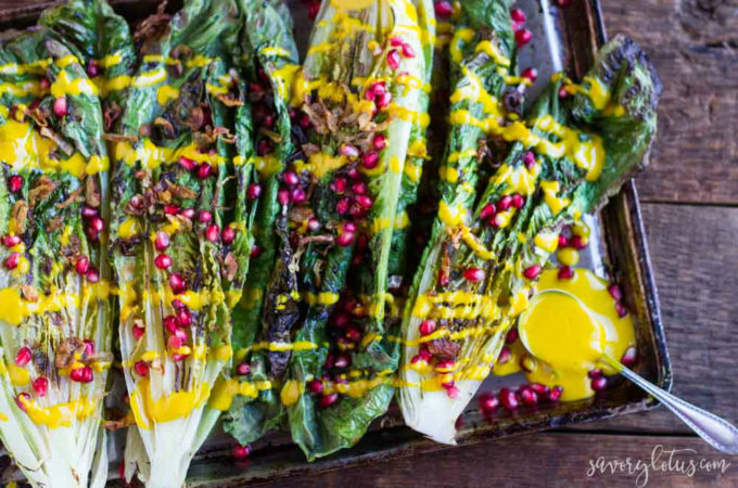 Grilled Romaine Salad with Creamy Turmeric Dressing (dairy free) | www.savorylotus.com