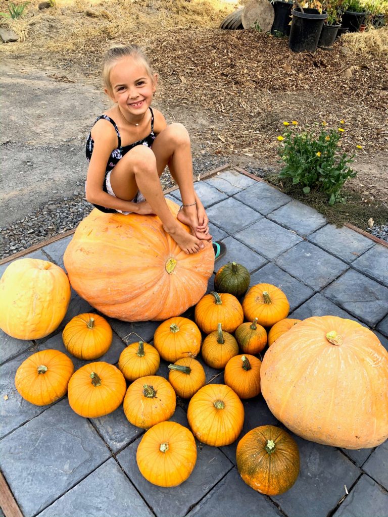 girl sitting on pumpkin