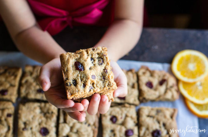 Orange Cranberry Chocolate Chip Cookie Bars (gluten free) ||| www.savorylotus.com