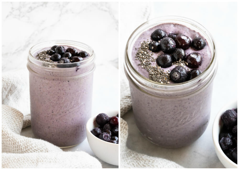 two glasses of blueberry smoothie with blueberries on top