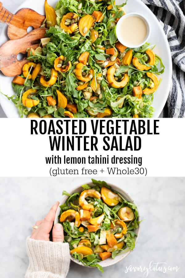 white plate with winter salad and wooden tongs