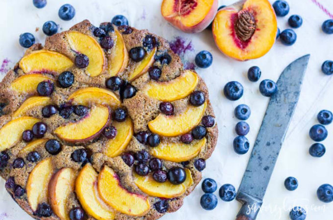 Rustic Blueberry Peach Cake (gluten free) | www.savorylotus.com