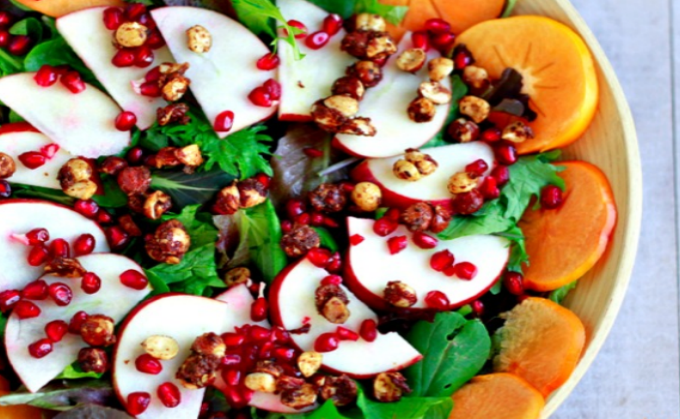 Autumn Salad with Apples, Persimmons, and Pomegranates savorylotus.com