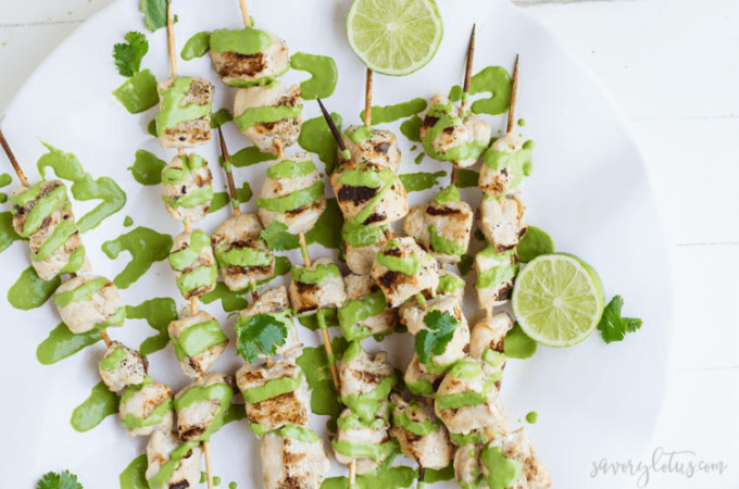 Easy Chicken Kabobs with Magic Cilantro Sauce | www.savorylotus.com